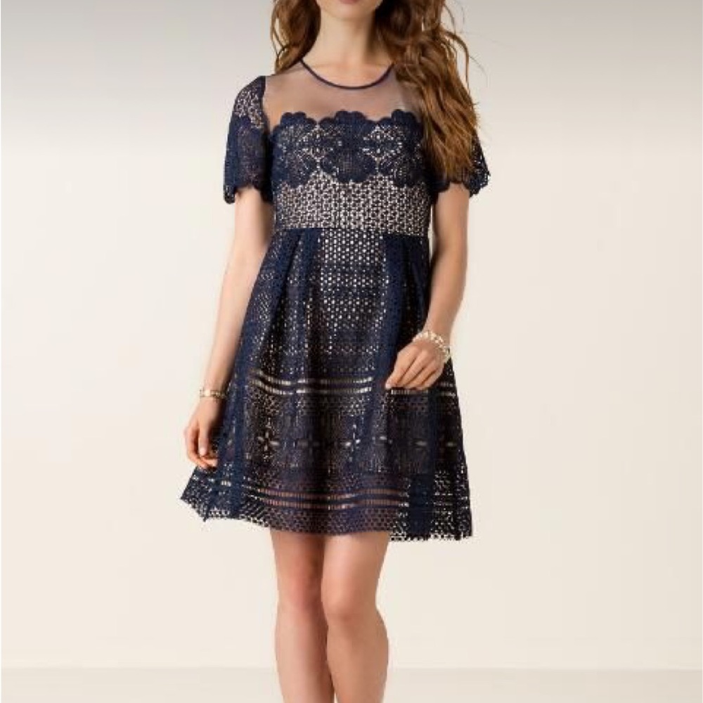 Francesca’s navy lace cocktail dress